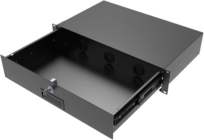 JINGCHENGMEI 2U Rack Drawer with Lock and Key, 19 Inch Rack Mount Server Cabinet Case, Sliding and Lockable Server Rack Drawer with Cable Management Holes, 10.8 inch Deep (2U10in)