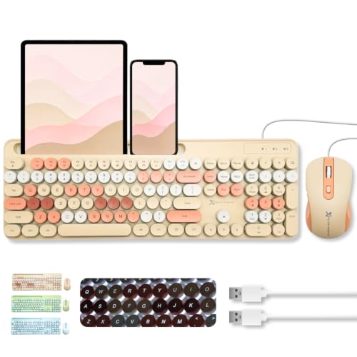 X9 Wired Keyboard and Mouse Combo with Phone/Tablet Holder - Full-Sized 109 Keys Pastel Keyboard and Adjustable DPI, Backlit Keyboard and Mouse for PC, Windows, MAC, Desktop, Laptop - Brown - Image 2