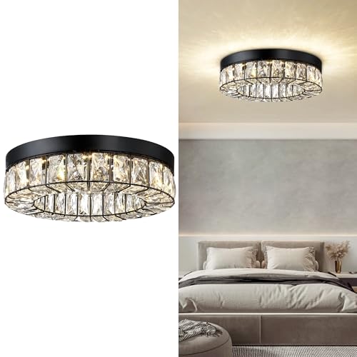 MEXO Crystal LED Flush Mount Ceiling Light Fixtures Modern Black LED Chandelier Lighting for Kitchen Closet Hallway Bedroom Foyer Laundry Room