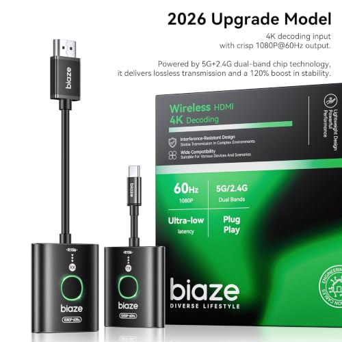 USB C Wireless HDMI Transmitter and Receiver（2026 Upgrade Model）,Wirelessly Cast Your Phone or Laptop Screen to a Display,Plug and Play,No Downloads or Complex Setup Required