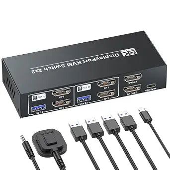 8K@60Hz 4K@120Hz Displayport KVM Switch 2 Monitors 2 Computers, USB 3.0 Dual Monitor DP KVM Switch for 2 PCs Share 2 Monitors and 4 Port USB 3.0