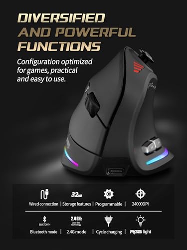 TKMARS Wireless Ergonomic Vertical Gaming Mouse with Joystick, Bluetooth & 2.4G, 12 Programmable Buttons, Adjustable 24000 DPI, Rechargeable RGB Computer Mouse for PC, MacBook & Laptops - Image 7