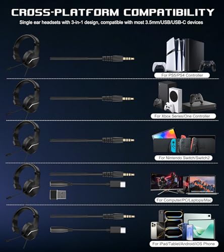 Wired One Ear Headset with Mic for PS5/PS4/Xbox/Switch/Mac/Laptop/PC, USB+Type-C+3.5mm Jack 3in 1 Single Ear Headphone with Microphone/Volume Control for Gaming Office Business Work Team Meetings Chat