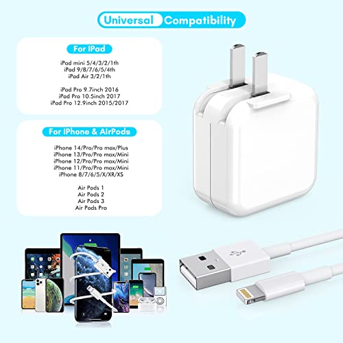 [3 Pack] iPad Charger, iPhone Charger 【MFi Certified】 Long Lightning Cable 10 Foot Lightning Charging Cord with 12W Wall Foldable Block Portable Travel Plug Charging for iPad/iPadMini/iPadAir, iPhone