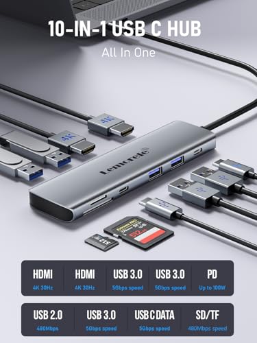 Laptop Docking Station Dual HDMI Monitor, 10 in 1 USB C Hub with 2 HDMI Ports, PD Charging, SD/TF, 5 USB C/A Ports, Laptop Docking Station for Dell XPS/HP/Lenovo/Surface(MacOS only Supports SST Mode)