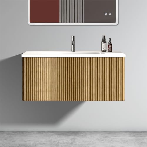 Wall Mounted Floating Bathroom Vanity with Sink, Large Storage for Modern Bathroom, One-Piece Sink Basin Minimalist Cabinet with Overflow (Natural Oak, 36IN)