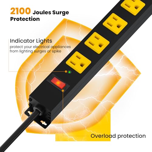 Metal 12 Outlet Mountable Power Strip, 2100J Surge Protector with Heavy Duty 6ft Extension Cord, Wide Spaced and Wall Mount Metal Powerstrip for Garage, Desk, Industrial, Shop and Indoor (6ft)