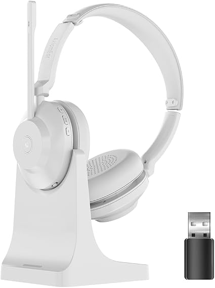 Bluetooth Wireless Headset with Mic for Work, Advanced Noise Reduction Microphone, Clear Calls - Comfortable On-Ear Headphones, Bluetooth 5.3, Applicable to Laptop, PC, Zoom, Office(White)