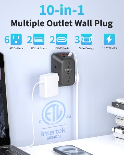 Black Outlet Extender, 6AC&2A2C, 1050J, USB Wall Charger, 1875W/15A