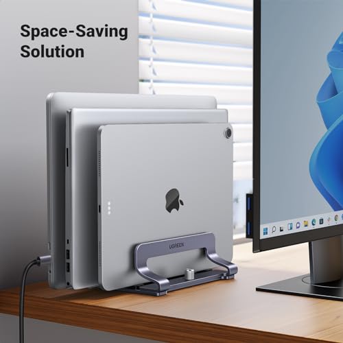 UGREEN 3-Slot Vertical Laptop Stand Holder Desk Compatible with MacBook Pro Air Laptop Stand Desktop Adjustable, Lenovo Ideapad, Surface Book, HP Notebook, Dell Chromebook Up to 17.3 Inch, Space Gray