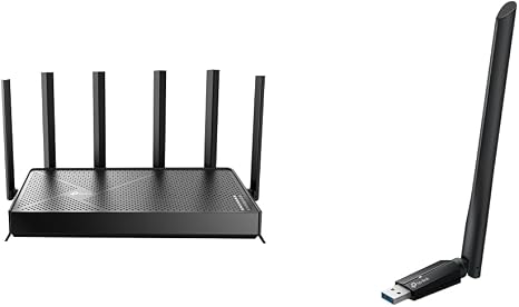TP-Link Wi-Fi 7 Bundle – Archer BE600 BE9700 Tri-Band Router with 10G Port & TBE400U Plus BE6500 Tri-Band USB 3.0 Wi-Fi Adapter for Windows 11/10, MLO, 4K-QAM, WPA3