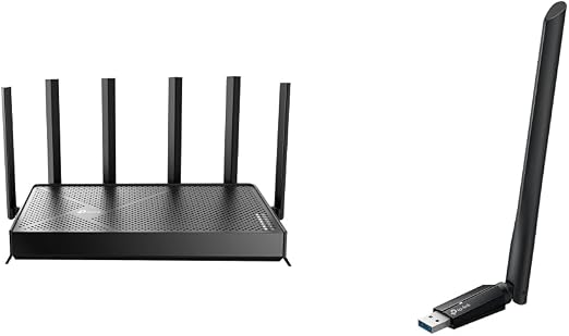 TP-Link Wi-Fi 7 Bundle – Archer BE600 BE9700 Tri-Band Router with 10G Port & TBE400U Plus BE6500 Tri-Band USB 3.0 Wi-Fi Adapter for Windows 11/10, MLO, 4K-QAM, WPA3