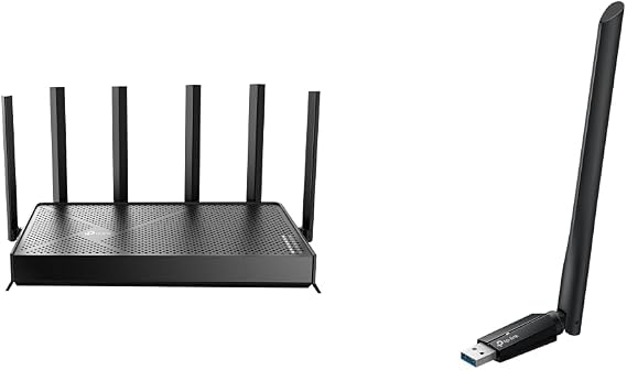 TP-Link Wi-Fi 7 Bundle – Archer BE600 BE9700 Tri-Band Router with 10G Port & TBE400U Plus BE6500 Tri-Band USB 3.0 Wi-Fi Adapter for Windows 11/10, MLO, 4K-QAM, WPA3