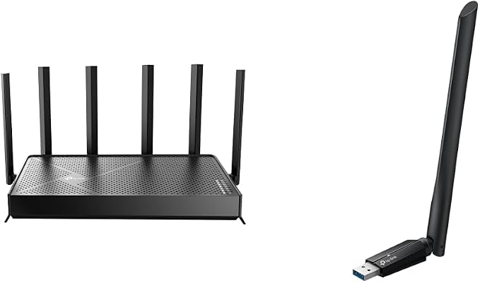 TP-Link Wi-Fi 7 Bundle – Archer BE600 BE9700 Tri-Band Router with 10G Port & TBE400U Plus BE6500 Tri-Band USB 3.0 Wi-Fi Adapter for Windows 11/10, MLO, 4K-QAM, WPA3