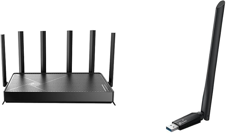 TP-Link Wi-Fi 7 Bundle – Archer BE600 BE9700 Tri-Band Router with 10G Port & TBE400U Plus BE6500 Tri-Band USB 3.0 Wi-Fi Adapter for Windows 11/10, MLO, 4K-QAM, WPA3