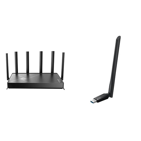 TP-Link Wi-Fi 7 Bundle – Archer BE600 BE9700 Tri-Band Router with 10G Port & TBE400U Plus BE6500 Tri-Band USB 3.0 Wi-Fi Adapter for Windows 11/10, MLO, 4K-QAM, WPA3