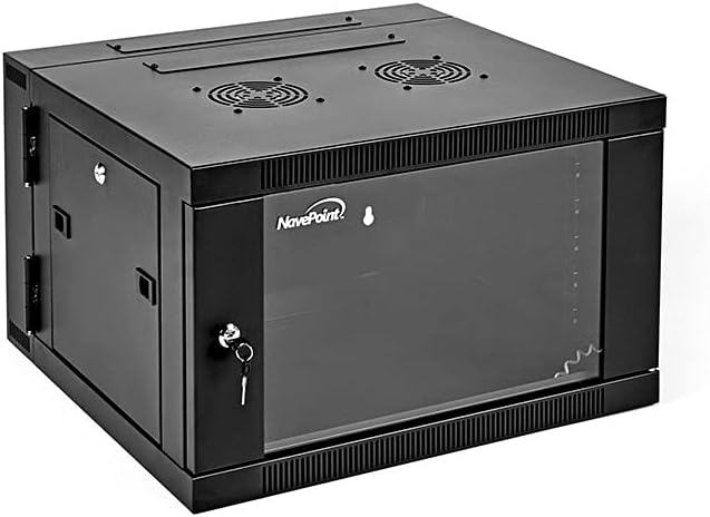 NavePoint 6U Server Cabinet with Hinged Back - 25.5' Deep, 6U Server Rack Enclosure with Locking Glass Door, Wall Mount Rack with Removable Side Panels, Network Cabinet with 2 Fans, Pre-Assembled