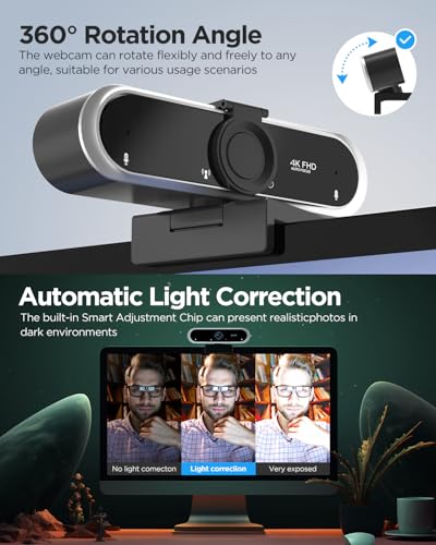 Webcam 4K with Microphone & Privacy Cover for PC/Laptop, USB Computer Camera Plug & Play with Auto Light Correction for Video Calls, Live Streaming Gaming & Online Meetings