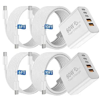 USB C Fast Charger Block, 60W Type C Charging Block Plug and 6ft 6ft 10ft 10ft Long USB C Cable for Apple iPhone Duo/18 Pro/17 Pro Max/17 Air/16 Pro/15 Plus/iPad mini/Samsung Wall Power Adapter Brick