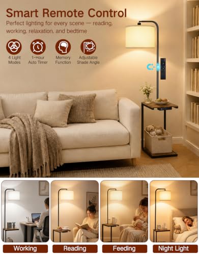 Floor Lamp with Table & Remote, C Shaped Side Table with Charging Station(USB & Type-C & AC Port), Dimmable End Table with 3 Color Temperatures, 12W LED Bulb, for Living Room Bedroom