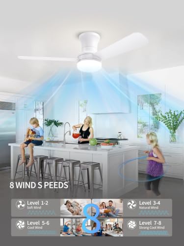 LANMEL 42 Inch White Low Profile Ceiling Fan with Light and Remote