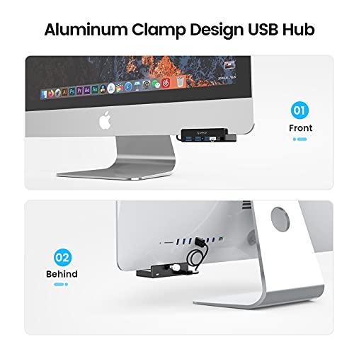 ORICO USB 3.0 Hub, USB Hub Clamp, Aluminum 4-Port USB Splitter with Extra Power Supply Port and 4.92 FT USB Data Cable, Desktop Powered USB Hub for Monitors/Desks-Black (Without Power Adapter)