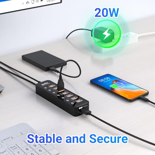 Powered USB Hub 3.2, atolla 8-Port USB 3.2/USB C Hub, Powered USB C Hub with 7 USB-A 10Gbps ports +1 Smart Charging port, Individual On/Off Switches, LEDs, 20W Power Adapter for PC - Image 5