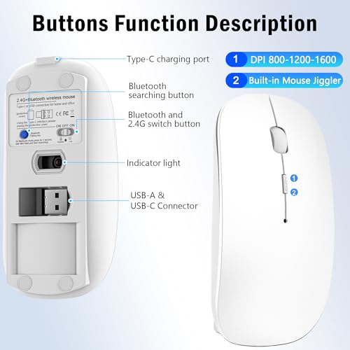 Wireless Mouse for MacBook Air iPad Pro PC Laptop, Bluetooth Rechargeable Computer Mice with Jiggler Mode, Silent 3 Mode (BT 5.2/3.0 & USB-A/USB-C Receiver) Type-C Slim Travel Mouse, White