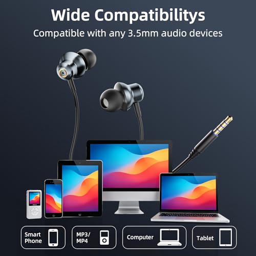 Wired Earbuds with Noise Isolating Fit, Deep Bass Stereo Wired Earphones, 3.5mm Jack Plug in Headphones with in-Line Mic for Clear Calls, Compatible with PC, Laptop, Gaming