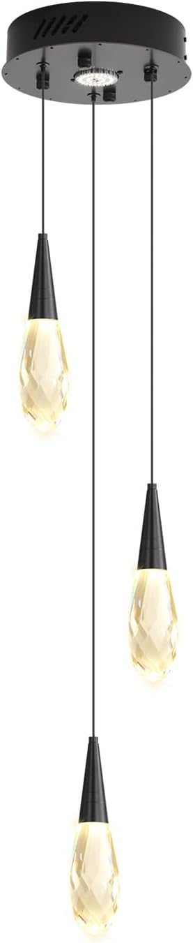 3-Lights Crystal Pendant Light Kitchen Islan Black Hanging Chandelier Teardrop Crystal Pendant Light Fixture for Dining Room, Living Room,Kitchen lsland, Foyer