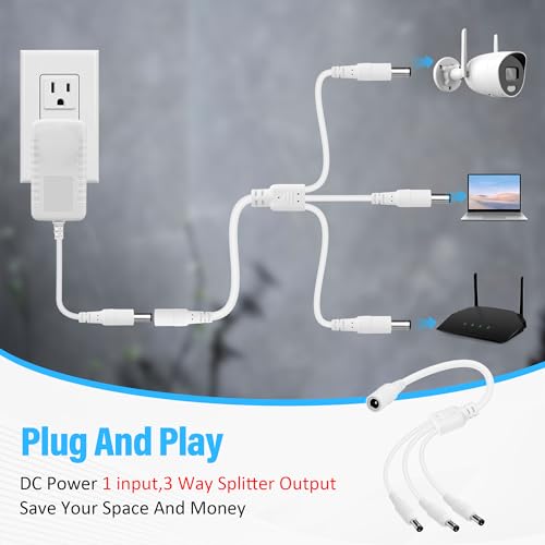 12V DC Power 1-in-3 Out Y-Adapter Splitter Cable 1.5 Feet (2-Pack), 5.5 mm x 2.1 mm DC 1 (Female) to 3 (Male) Y Splitter Supply Adapter Wire,3 Way Y-Cable for CCTV Security Camera, LED Strip, Router