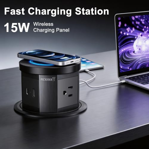 Pop Up Outlet for Countertop, 15W Wireless Charger, USB-C & 3 AC, Black