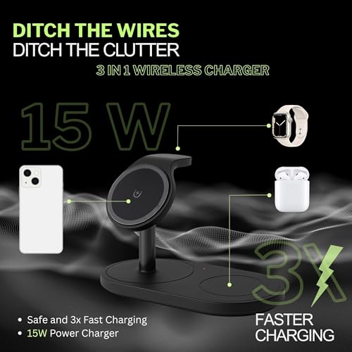 3 in 1 Wireless Charger for iPhone, Apple Watch, AirPods – Charging Station Stand for Multiple Devices, Fast Wireless Charging Dock for iPhone 12+, Watch Series, AirPods Pro (Black) - Image 3