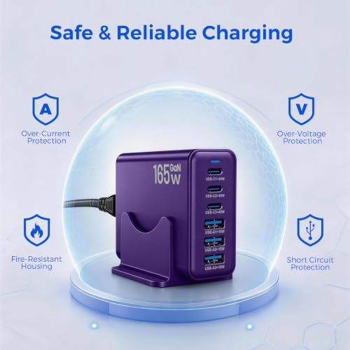 165W GaN Charger Station,6 Port USB C Desktop Fast Charger, Purple