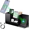 LADSTAG Pen Organizer with Phone Stand,Black Vegan Leather Desk Organizers with Remote Control Holder,Pencil Holder for Desk,Desk Organizer with Phone Charger for Office/Nightstand/Endtable