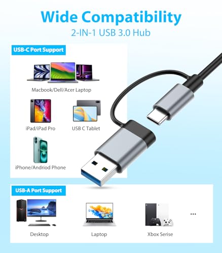 USB C Hub USB Hub 3.0 for Laptop, Upgrade 8 in 2 USB | Computer Access - Image 3