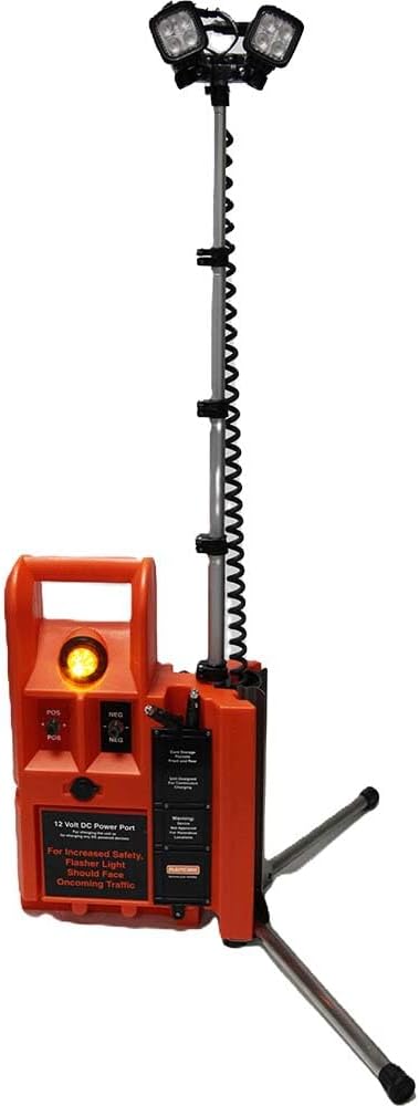 Plasticade Flagger Lighting Station & Work Area Light, 4,000 Lumens, Portable, Waterproof Case, Adjustable Heads, 8-Foot Light Elevation, Temporary Construction in Any Weather