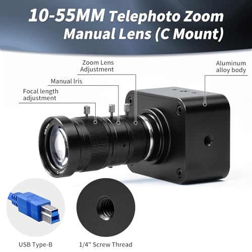 MOKOSE USB Camera 4K, USB3.0 Manual Focus Webcam with C-Mount 10-55mm Telephoto Zoom Lens, IMX678 1/1.8" 8MP Sensor Support YUY2,Web Camera for Desktop Computer Laptop