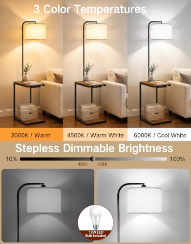 Floor Lamp with Table & Remote, C Shaped Side Table with Charging Station(USB & Type-C & AC Port), Dimmable End Table with 3 Color Temperatures, 12W LED Bulb, for Living Room Bedroom