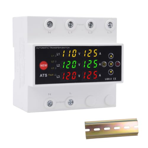 Automatic Generator Transfer Switch, 125A 120V 3 Pole Transfer Switch for Generator Backup Power & RVs, LED Display, Priority Phase Selectable, Over/Under Voltage Protection, DIN Rail Mount