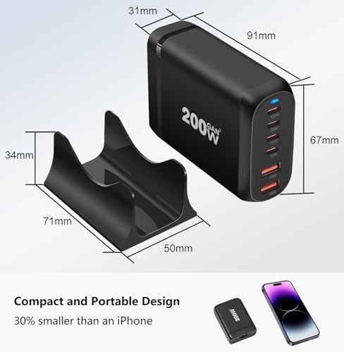 200W USB C Charger, 6 Ports GaN Fast Charging Station, Black - Image 6