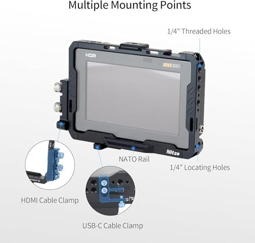 Monitor Cage for Blackmagic Video Assist 5" 12G / 3G, Nitze Cage with HDMI and USB-C Cable Clamps