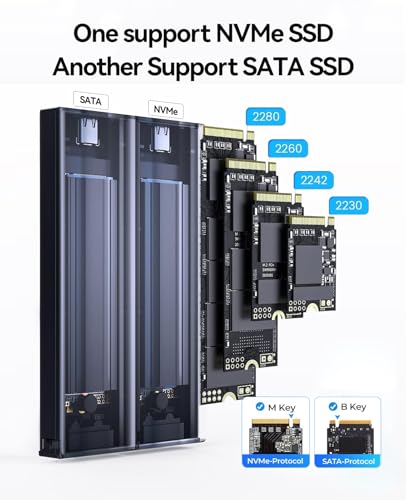 ORICO Dual M.2 NVMe SATA SSD Enclosure, USB C to M2 Adapter for M Key PCIe & B+M Key 2230/2242/2260/2280 SSDs,Tool-Free Installation Aluminum SSDs Reader Support Trim and UASP up to 2x4TB-BM2-2SN