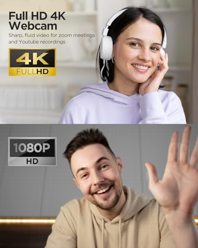 Webcam 4K with Microphone & Privacy Cover for PC/Laptop, USB Computer Camera Plug & Play with Auto Light Correction for Video Calls, Live Streaming Gaming & Online Meetings