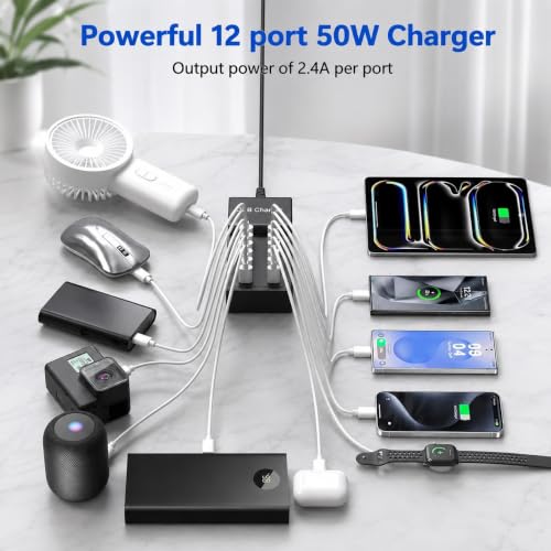 Multi USB Charger USB C Charging Station Block 50W 12 Ports Multiple USB C Hub USB Charging Strip for iPhone 13/14/15/16/Smartphone/Tablet