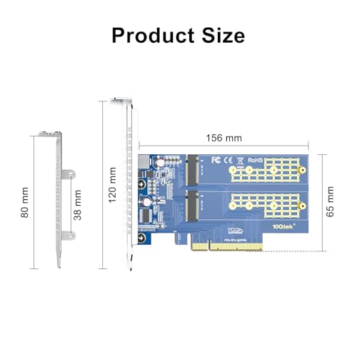 10Gtek Dual M.2 NVMe SSD Adapter Card - PCIe 3.0 x8 Slot (M-Key), Supports 2X NVMe Drives via Bifurcation | Requires BIOS Split Support | High-Speed Storage Expansion for Desktop PCs