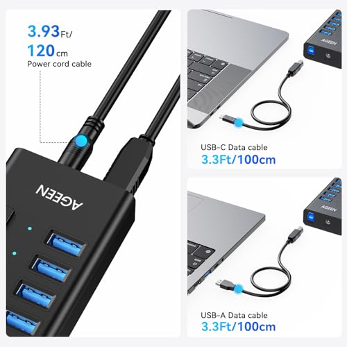 AGEEN 16-Port Powered USB 3.2 Hub, 10Gbps Data Transfer, 96W Power Adapter