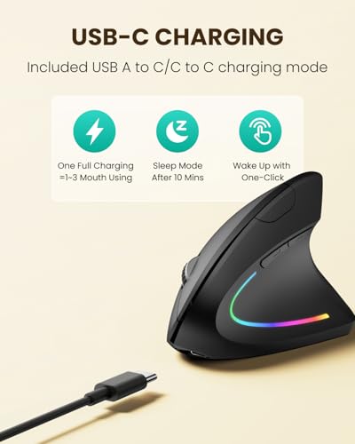 POJTK Wireless Rechargeable Ergonomic Mouse, Bluetooth+USB A+Type C(3 in 1) Connection, Up to 4800 DPI, 6 Silent Buttons, 2.4GHz Carpal Tunnel Vertical Mice, for Desktop,Laptop,MacBook-Black-Upgraded - Image 6