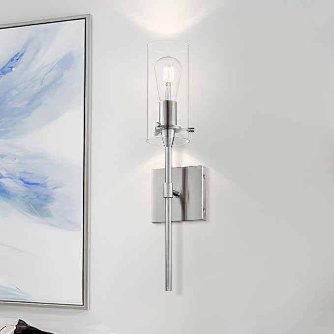 XiNBEi Lighting Bathroom Wall Sconces Set of 2, Modern 1 Light Brushed Nickel Wall Sconce with Clear Glass Indoor Vanity Sconces for Bathroom Hallway & Living Room