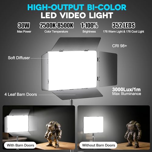 2 Pack LED Video Light Kit 79'' Tripod Light Stand, 30W 3000Lux Photography Light with Barndoor, CRI 98+ 2500K-8500K Studio Lights Panel Podcast Lighting for Video Recording/Game Live Streaming